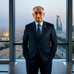 A professional, dignified Iraqi man, a Nobel candidate, in a modest business suit, standing in a sophisticated, well-lit conference room. His thoughtful expression conveys wisdom and global understanding, overlooking a modern city skyline at dusk. perfect anatomy, correct proportions, natural pose, well-formed hands, proper finger count, natural body proportions, professional photography, high resolution, soft cinematic lighting, safe for work, appropriate content, fully clothed, professional, modest, family-friendly.