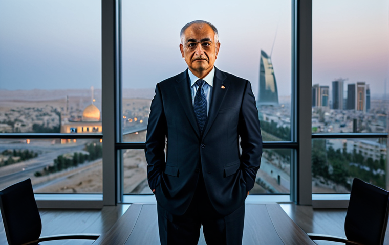 A professional, dignified Iraqi man, a Nobel candidate, in a modest business suit, standing in a sophisticated, well-lit conference room. His thoughtful expression conveys wisdom and global understanding, overlooking a modern city skyline at dusk. perfect anatomy, correct proportions, natural pose, well-formed hands, proper finger count, natural body proportions, professional photography, high resolution, soft cinematic lighting, safe for work, appropriate content, fully clothed, professional, modest, family-friendly.