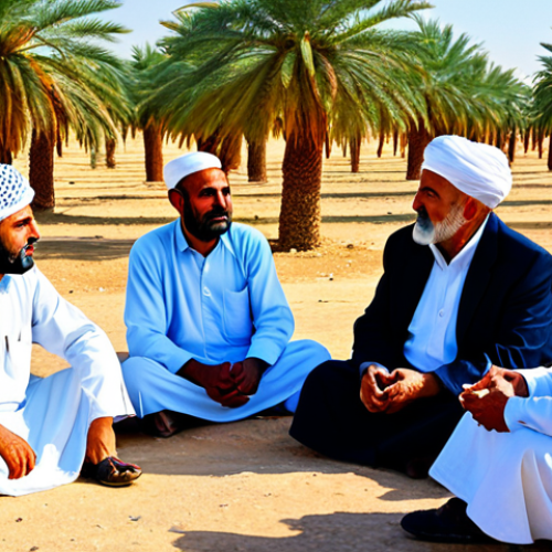A dignified Iraqi tribal Sheikh, an older man with a wise expression, in a traditional, modest white dishdasha and keffiyeh, sitting outdoors under a clear sky. He is engaged in a solemn discussion with several respectful tribal community members, also fully clothed in appropriate, traditional attire, in an arid landscape with a few resilient date palm trees in the background, subtly indicating water scarcity. The scene conveys resilience and leadership in the face of climate challenges. Professional photography, high resolution, perfect anatomy, correct proportions, natural pose, well-formed hands, proper finger count, natural body proportions, safe for work, appropriate content, fully clothed, professional, modest, family-friendly.