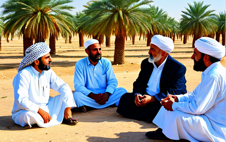 A dignified Iraqi tribal Sheikh, an older man with a wise expression, in a traditional, modest white dishdasha and keffiyeh, sitting outdoors under a clear sky. He is engaged in a solemn discussion with several respectful tribal community members, also fully clothed in appropriate, traditional attire, in an arid landscape with a few resilient date palm trees in the background, subtly indicating water scarcity. The scene conveys resilience and leadership in the face of climate challenges. Professional photography, high resolution, perfect anatomy, correct proportions, natural pose, well-formed hands, proper finger count, natural body proportions, safe for work, appropriate content, fully clothed, professional, modest, family-friendly.