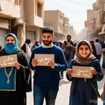 Home 7 이라크 정치 상황 업데이트 - A vibrant and dignified street scene depicting young Iraqi people (all respectfully and modestly clo...