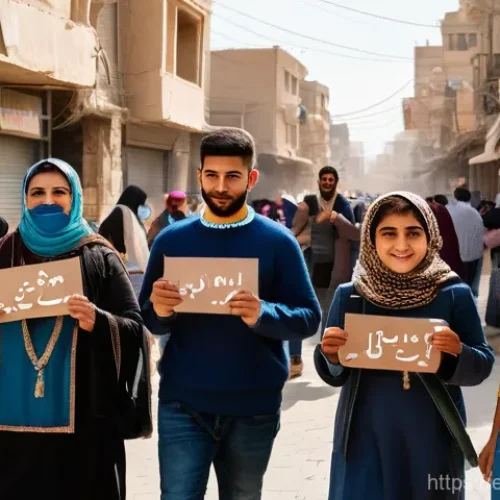 Home 3 이라크 정치 상황 업데이트 - A vibrant and dignified street scene depicting young Iraqi people (all respectfully and modestly clo...