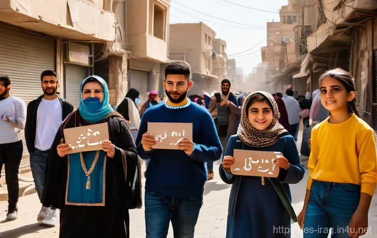 이라크 정치 상황 업데이트 - A vibrant and dignified street scene depicting young Iraqi people (all respectfully and modestly clo...