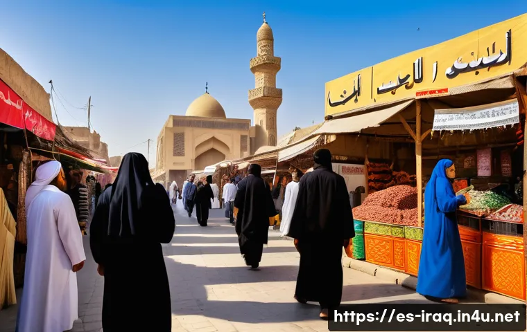 이라크와 이란의 차이점 - A vibrant street scene in Baghdad showcasing the religious and ethnic diversity of Iraq: men and wom...