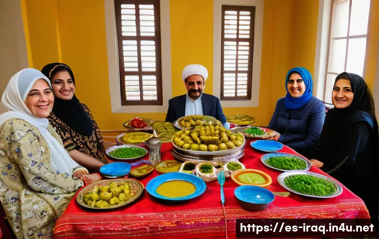이라크와 사우디아라비아의 문화 비교 - A vibrant traditional Iraqi family celebration scene during Nowruz, featuring multiple generations g...