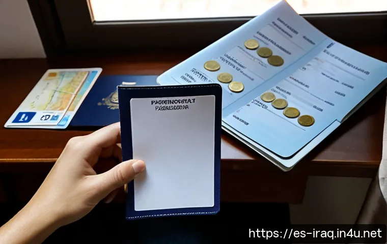 이라크 비자 발급 절차 - Photorealistic travel visa application scene for an Iraqi visa process, Spanish-speaking traveler se...